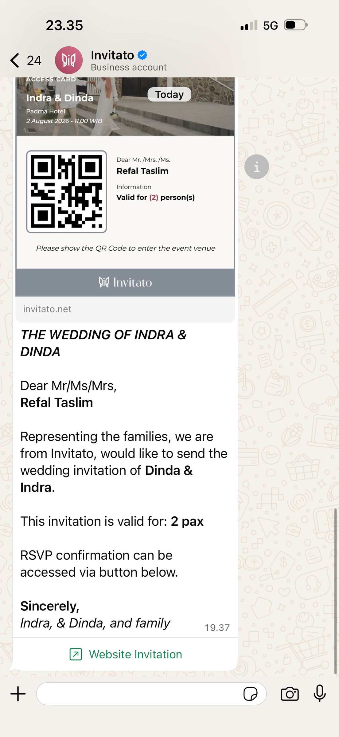 Contoh undangan WhatsApp dari Invitato Business Account