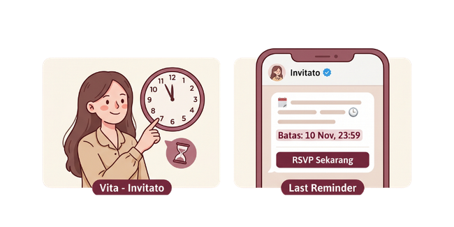 Pesan follow-up RSVP yang ramah dikirim ke tamu yang belum konfirmasi